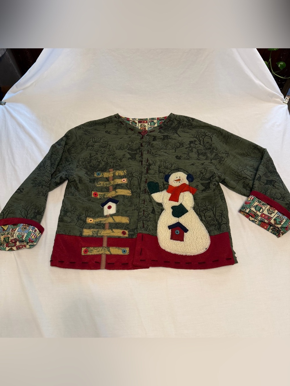 Vintage Handmade Christmas Reversible Jacket With Snowman & Birdhouse Appliqué
